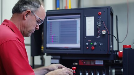 Poster - Engineer wearing safety glasses is meticulously operating complex machinery using a computer interface, showcasing precision and expertise in a technological facility