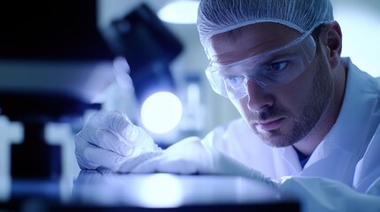 Poster - Scientist wearing protective gear meticulously analyzes a sample under a microscope, conducting research in a modern laboratory with advanced equipment and focused lighting