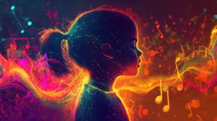 Aufkleber - Child's silhouette glows with vibrant colors and hints of music on a dark background in an imaginative atmosphere