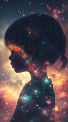 Poster - Surreal silhouette of a child with cosmic imagery blending into the background at twilight
