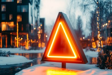 Poster - A wooden yield sign with a glowing LED light strip embedded around the edges, standing in a modern eco-village