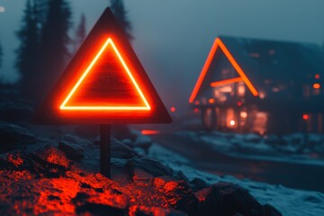 Poster - A wooden yield sign with a glowing LED light strip embedded around the edges, standing in a modern eco-village
