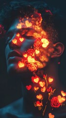 Poster - Surreal portrait of a man's face illuminated with glowing hearts and roses at dusk