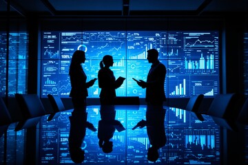 Poster - Silhouettes of professionals analyzing data on illuminated background in a high-tech setting.
