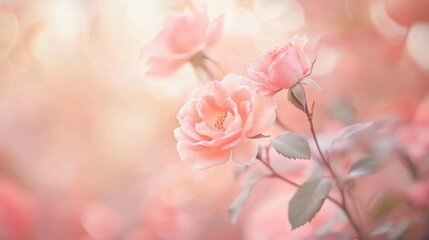 Poster - Beautiful pastel peach roses softly illuminated against a dreamy bokeh background creating a serene, romantic atmosphere