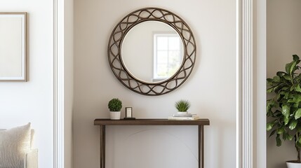 Wall Mural - Decorative mirror and small entryway table create an inviting atmosphere in minimalist home design