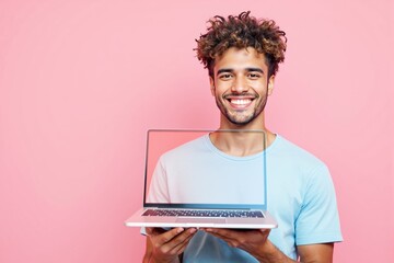 Poster - Man holding laptop with transparent screen, smiling, standing against pink background. Concept of technology, creativity, and innovation.
