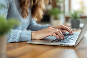 Poster - Hands typing on laptop with blurred green plants in background.