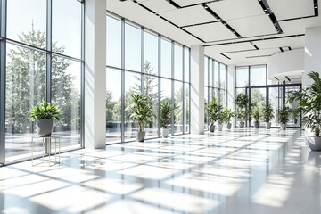 Poster - Bright modern interior with large windows, potted plants, and natural sunlight casting shadows on the glossy floor.