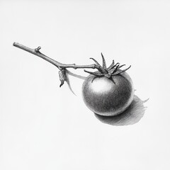 Poster - Single cherry tomato on a delicate stem with shadow detailing in black and white illustration