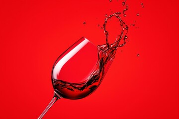 Poster - Splashing red wine in glass on vibrant red background.