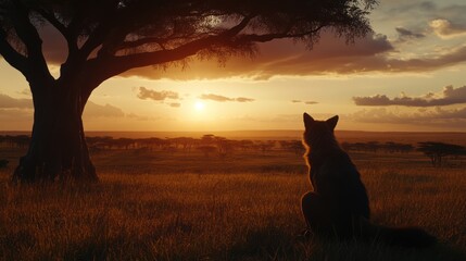 Naklejka na meble Sunset Safari Lone dog silhouette, savanna grasslands, acacia tree, golden hour