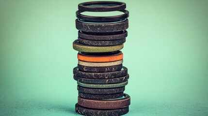 Sticker - Stacked camera filters on green background, vintage style, photography accessories