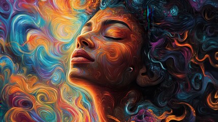 Poster - Serene portrait of a woman radiating beauty and tranquility amidst vibrant swirling colors at sunset