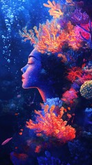 Aufkleber - Portrait of a serene woman submerged in colorful coral reefs in an underwater paradise