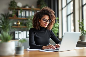 Aufkleber - Focused woman typing on laptop in a modern office with green plants and shelves in the background.