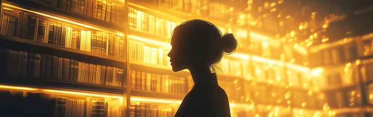 Poster - Silhouette of a scholar in a library surrounded by glowing books at dusk