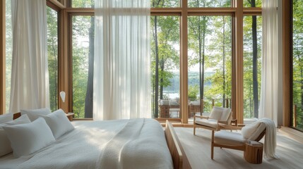 Fototapete - Serene bedroom design featuring floor-to-ceiling windows with views of tranquil nature in morning light