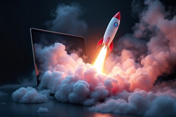 Poster - Rocket launching from a laptop screen surrounded by clouds of smoke and light.