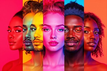 Poster - Portrait collage of diverse faces in vibrant neon lighting.