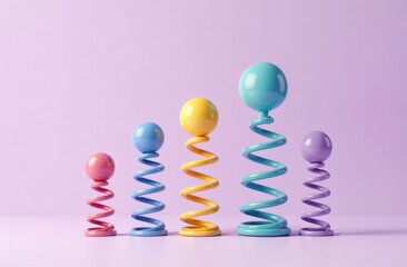 Poster - Vibrant, spiral-shaped sculptures in shades of pink, blue, yellow, and purple stand in a row against a soft purple backdrop, highlighting the interplay of color and form in contemporary art.
