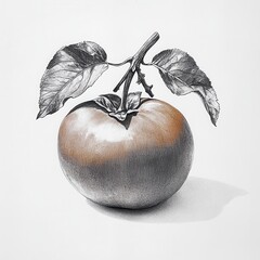 Poster - Persimmon with leafy top illustrated in detailed monochrome artistry