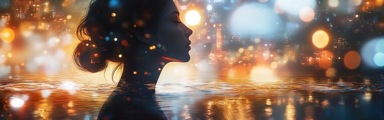 Leinwandbilder - Mystical silhouette of a woman with colorful lights reflecting on water at night