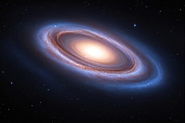 Poster - Spiral galaxy with glowing core in space on black background, surrounded by stars and cosmic light, creative cosmic concept.