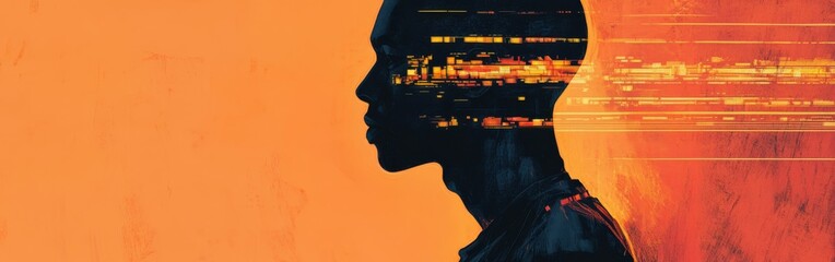 Aufkleber - Mystical profile of a man set against a vibrant orange background with abstract digital elements