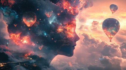 Poster - Mystical profile of a man filled with cosmic elements and floating hot air balloons during sunset