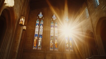 Wall Mural - Sunbeams Illuminate Gothic Cathedral Stained Glass Windows