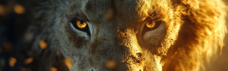 Poster - Majestic close-up of a lion's face showcasing fierce eyes and textured fur under warm lighting