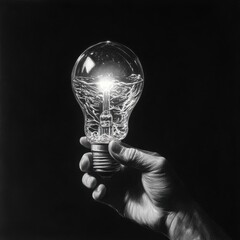 Aufkleber - Hand holding a glowing light bulb with intricate details and glowing filament, illuminated in dark surroundings
