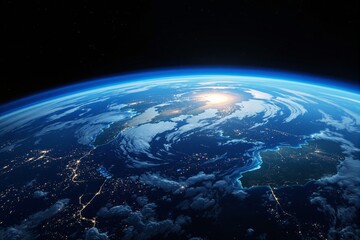 Poster - Stunning view of Earth from space with illuminated city lights and glowing atmosphere at sunrise.