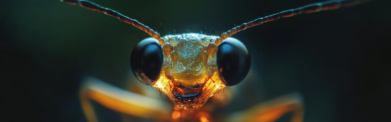 Poster - Macro view of a firefly's face showcasing intricate details of the creature's eyes and antennae in a natural setting during twilight