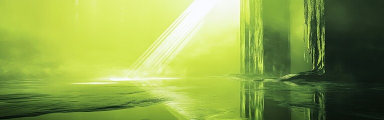 Poster - Glowing lime-green and yellow environment with reflective surfaces and light beams illuminating the landscape