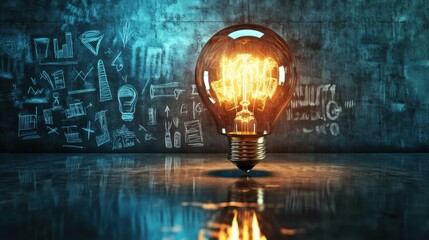 Poster - Oversized glowing light bulb illuminating minimalist workspace with creative sketches in the background