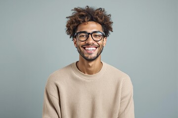 Wall Mural - Smiling man in glasses and beige sweater on gray background.