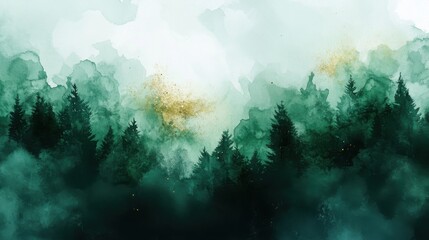 Poster - Dynamic watercolor transition from a misty forest with vibrant greenery and ethereal textures