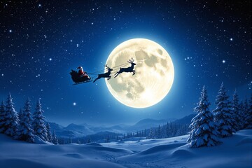 Poster - Santa Claus flying across the night sky with a glowing full moon and snowy landscape in the background.