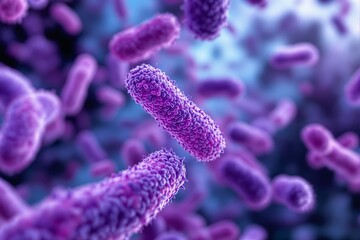 Poster - Purple bacteria floating against a gradient background, showcasing microbiology in illustrative detail.