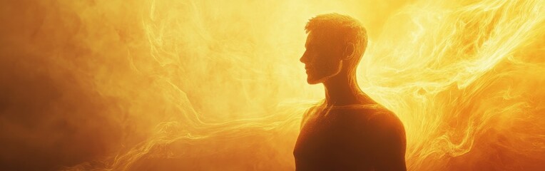 Poster - Conceptual representation of a man glowing with radiant energy amidst an ethereal background during a transformative moment