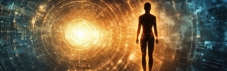 Poster - Man glowing with energy explores a cosmic environment filled with light and swirling patterns in a surreal setting