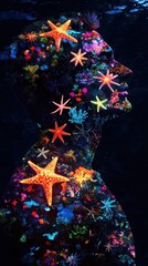 Leinwandbilder - Man glowing with vibrant sea life patterns amid a dark, serene underwater environment