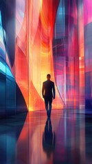 Poster - Man walking through a glowing corridor of vibrant colors reflecting on a sleek floor in an abstract space