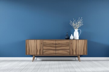 Poster - Wooden sideboard with elegant vases on blue wall background.