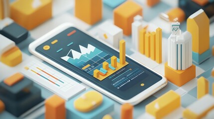 Leinwandbilder - Clean depiction of smartphone interface with colorful data visualization elements on a stylized workspace