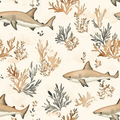 Aufkleber - Colorful watercolor doodles featuring sharks and coral in a calming underwater setting