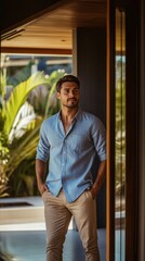 Poster - Relaxed man in a minimalist setting enjoying a moment of tranquility in a tropical location