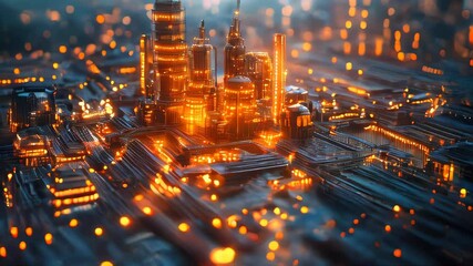 Poster - A futuristic cityscape built on a circuit board with glowing lights representing technological advancement and urban development